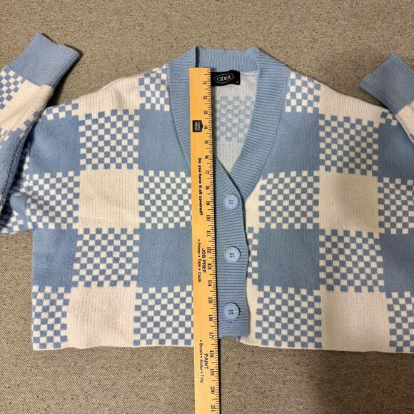 Womens Blue White Checkered Crop Cardigan Preppy Oversize Sweater Pastel Blue L - Picture 4 of 5